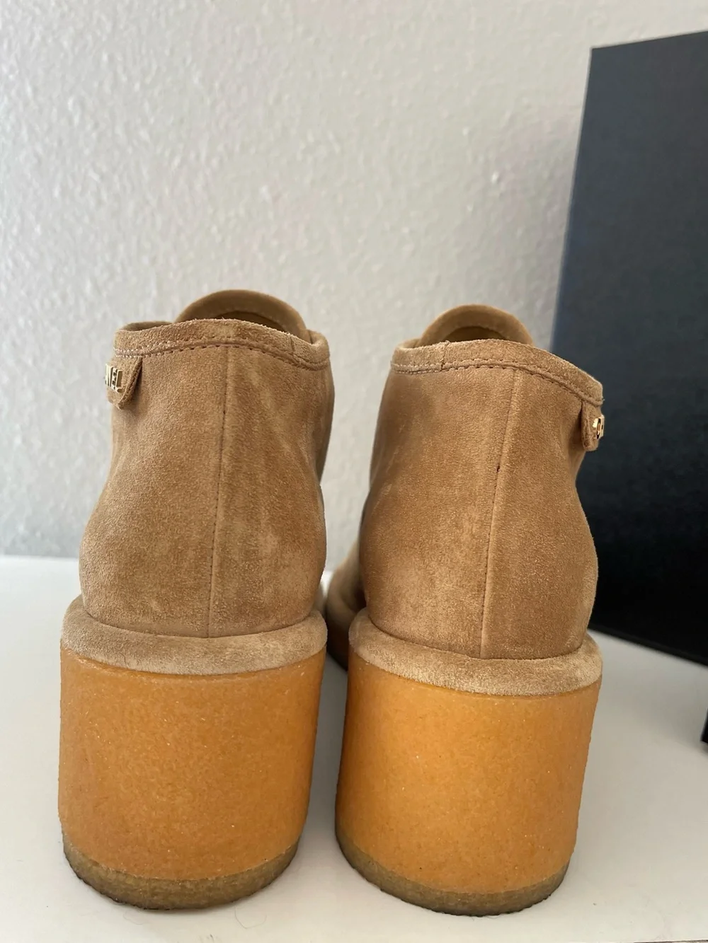CHANEL Tan Suede Wedge Ankle Booties with Gold Logo